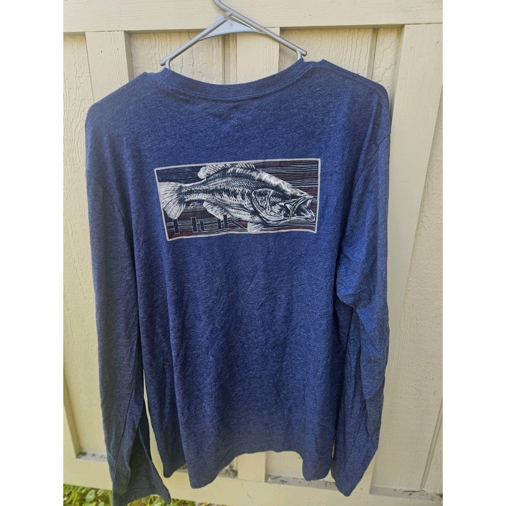 HUK Fishing Performance Long Sleeve BIG LOGO Shirt Blue Men's Size L Large